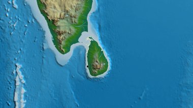 Fiziksel haritada Sri Lanka sınırına yakın çekim. Ana nokta. Ülke şekli etrafında özet geç. 