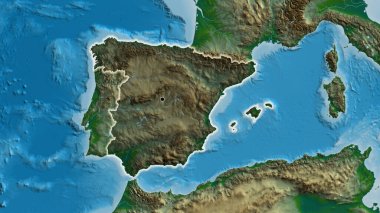 İspanya sınır bölgesinin yakın çekimleri fiziksel bir harita üzerinde koyu bir örtüyle vurgulanıyor. Ana nokta. Ülke çapında parıltı. 