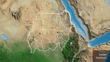 Sudan sınır bölgesinin ve onun bölgesel sınırlarının uydu haritasında yakın çekimleri. Ana nokta. Ülke çapında bir taslak oluşturun. Ülkenin ve başkentinin İngilizce adı