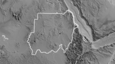 Sudan sınır bölgesinin yakın çekimleri gri tonlu bir haritada. Ana nokta. Ülke çapında parıltı. 