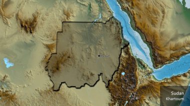 Sudan sınır bölgesinin yakın çekimleri bir yardım haritasında koyu bir örtüyle vurgulanıyor. Ana nokta. Kırsal kesimin kıvrımlı kenarları. Ülkenin ve başkentinin İngilizce adı