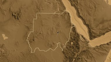 Bir sepia yükseklik haritasında Sudan sınır bölgesinin yakın çekimleri. Ana nokta. Ülke şekli etrafında özet geç. 