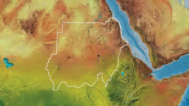 Sudan sınır bölgesinin topoğrafik haritasına yakın çekim. Ana nokta. Ülke şekli etrafında özet geç. 