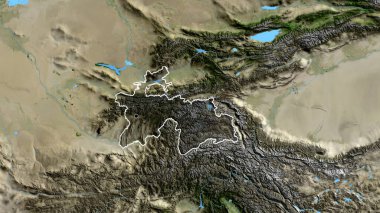 Tacikistan sınır bölgesinin uydu haritasında koyu bir örtüyle işaretlenmiş yakın çekimi. Ana nokta. Ülke şekli etrafında özet geç. 