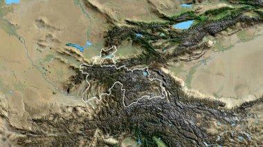 Tacikistan sınırına bir uydu haritasında yakın plan. Ana nokta. Ülke şekli etrafında özet geç. 