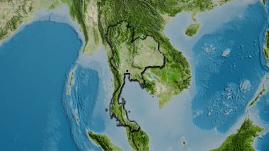 Tayland sınır bölgesinin uydu haritasında yakın plan görüntüsü. Ana nokta. Ülkenin kıvrımlı kenarları. 