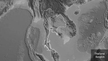 Tayland sınır bölgesinin yakın çekimleri gri tonlu bir haritada. Ana nokta. Ülke çapında bir taslak oluşturun. Ülkenin ve başkentinin İngilizce adı