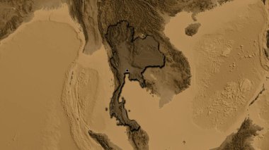 Tayland sınır bölgesinin yakınından, sepia yükseklik haritasında koyu bir örtüyle vurgulanıyor. Ana nokta. Ülkenin kıvrımlı kenarları. 