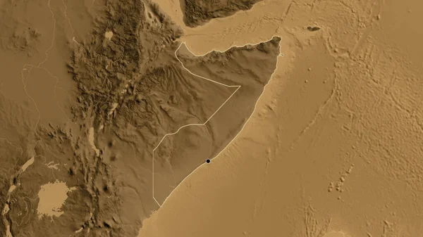 Närbild Somalias Gränsområde Karta Över Sepiahöjder Huvudpunkt Skissera Runt Landet — Stockfoto