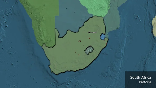Close-up of the South Africa border area on a administrative map. Capital point. Bevelled edges of the country shape. English name of the country and its capital