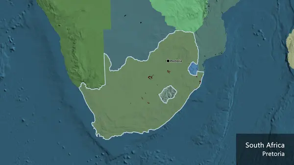 Close-up of the South Africa border area on a administrative map. Capital point. Outline around the country shape. English name of the country and its capital