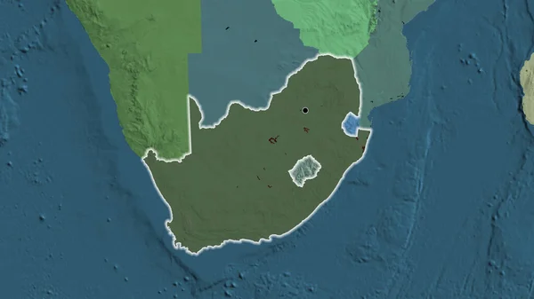 Close-up of the South Africa border area highlighting with a dark overlay on a administrative map. Capital point. Glow around the country shape.
