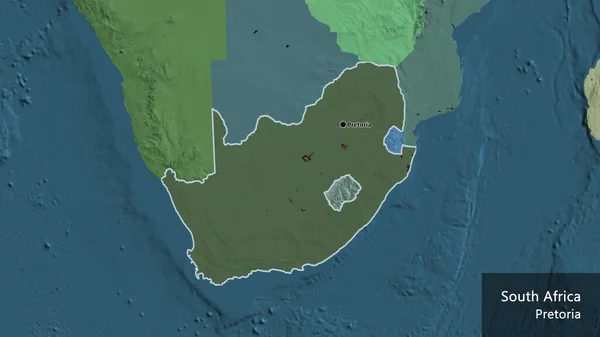 Close-up of the South Africa border area highlighting with a dark overlay on a administrative map. Capital point. Outline around the country shape. English name of the country and its capital