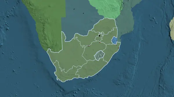 Close-up of the South Africa border area and its regional borders on a administrative map. Capital point. Outline around the country shape.