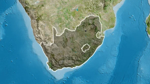 Close-up of the South Africa border area highlighting with a dark overlay on a satellite map. Capital point. Glow around the country shape.