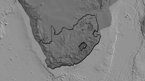 Close-up of the South Africa border area on a bilevel map. Capital point. Bevelled edges of the country shape.