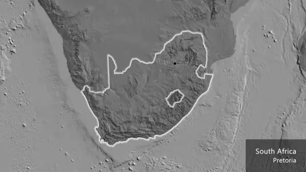 Close-up of the South Africa border area on a bilevel map. Capital point. Glow around the country shape. English name of the country and its capital