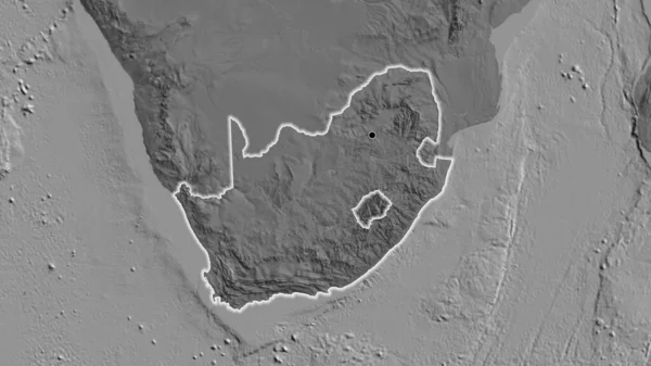 Close-up of the South Africa border area on a bilevel map. Capital point. Glow around the country shape.