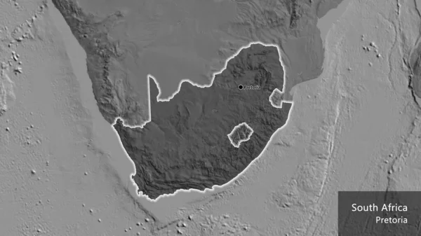 Close-up of the South Africa border area highlighting with a dark overlay on a bilevel map. Capital point. Glow around the country shape. English name of the country and its capital