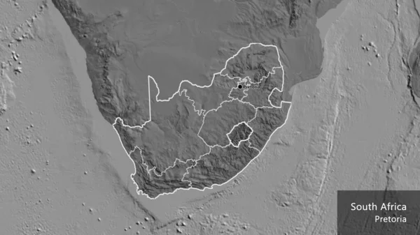 Close-up of the South Africa border area and its regional borders on a bilevel map. Capital point. Outline around the country shape. English name of the country and its capital