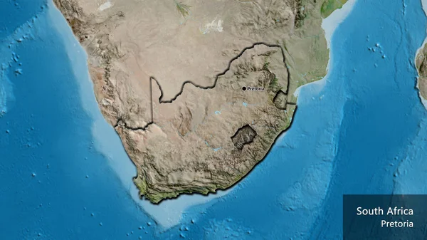 Close-up of the South Africa border area on a satellite map. Capital point. Bevelled edges of the country shape. English name of the country and its capital