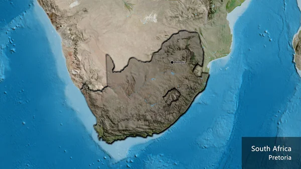 Close-up of the South Africa border area highlighting with a dark overlay on a satellite map. Capital point. Bevelled edges of the country shape. English name of the country and its capital