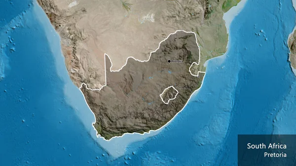 Close-up of the South Africa border area highlighting with a dark overlay on a satellite map. Capital point. Outline around the country shape. English name of the country and its capital