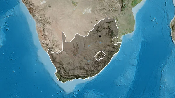Close-up of the South Africa border area highlighting with a dark overlay on a satellite map. Capital point. Outline around the country shape.