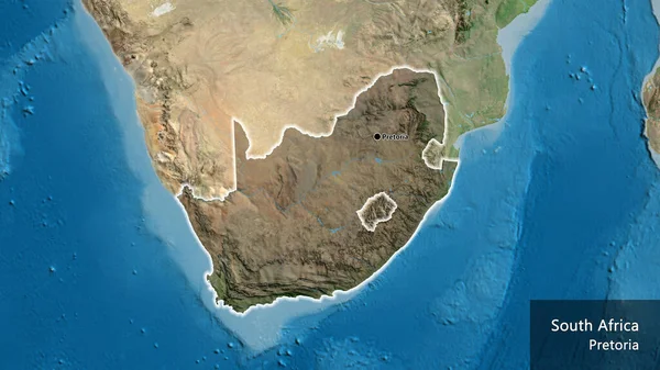 Close-up of the South Africa border area highlighting with a dark overlay on a satellite map. Capital point. Glow around the country shape. English name of the country and its capital