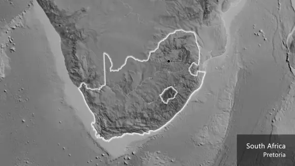 Close-up of the South Africa border area on a grayscale map. Capital point. Glow around the country shape. English name of the country and its capital
