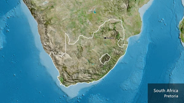 Close-up of the South Africa border area on a grayscale map. Capital point. Outline around the country shape. English name of the country and its capital