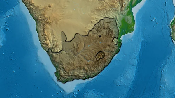 Close-up of the South Africa border area highlighting with a dark overlay on a physical map. Capital point. Bevelled edges of the country shape.