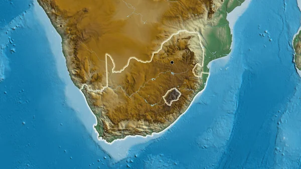 Close-up of the South Africa border area on a relief map. Capital point. Glow around the country shape.