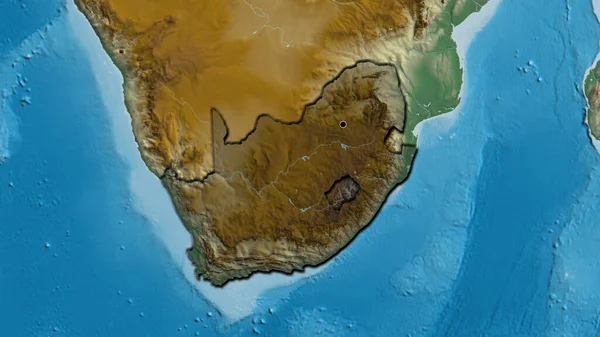 Close-up of the South Africa border area highlighting with a dark overlay on a relief map. Capital point. Bevelled edges of the country shape.