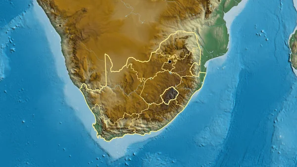 Close-up of the South Africa border area and its regional borders on a relief map. Capital point. Outline around the country shape.