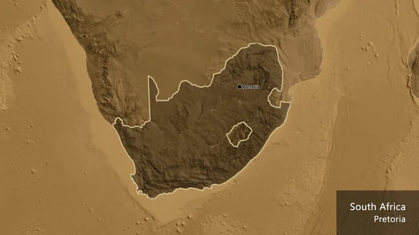 Close-up of the South Africa border area highlighting with a dark overlay on a sepia elevation map. Capital point. Outline around the country shape. English name of the country and its capital