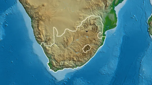 Close-up of the South Africa border area on a physical map. Capital point. Glow around the country shape.
