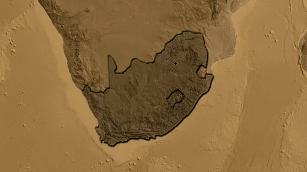 在南非边境地区的特写镜头中 突出显示出黑色的覆盖在黑色的海拔地图上 资本点 国家形状的斜边 — 图库照片