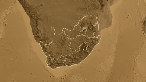 Zbliżenie Strefy Przygranicznej Rpa Jej Granic Regionalnych Mapie Wysokości Sepii — Zdjęcie stockowe