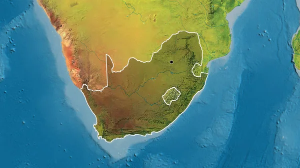 Close-up of the South Africa border area highlighting with a dark overlay on a topographic map. Capital point. Outline around the country shape.
