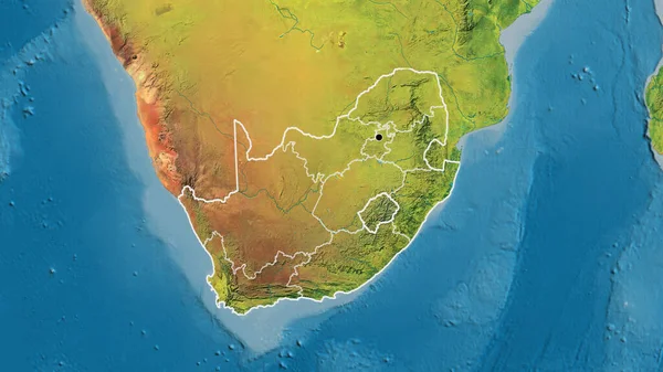 Close-up of the South Africa border area and its regional borders on a topographic map. Capital point. Outline around the country shape.