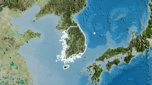 Detailní Záběr Pohraniční Oblasti Jižní Koreje Satelitní Mapě Fakt Záře — Stock fotografie