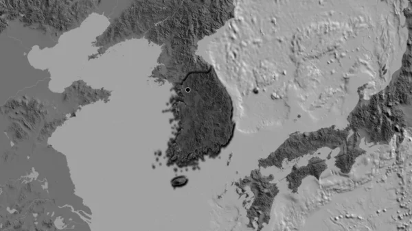 韩国边境地区的特写镜头 用一张双层地图上的黑暗阴影突出显示出来 资本点 国家形状的斜边 — 图库照片