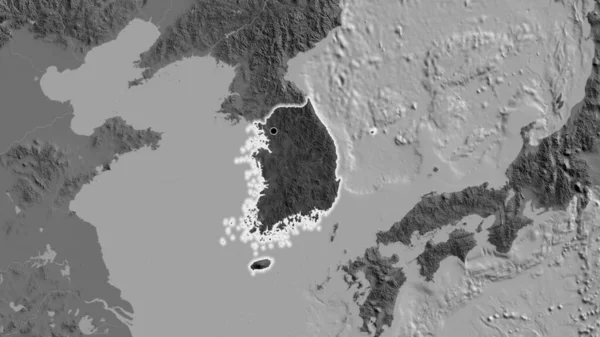 韩国边境地区的特写镜头 用一张双层地图上的黑暗阴影突出显示出来 资本点 风靡全国 — 图库照片