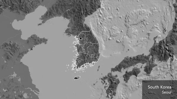 在双边地图上对韩国边境地区及其区域边界进行的密切监视 资本点 概略地描述一下国家的面貌 国家及其首都的英文名称 — 图库照片