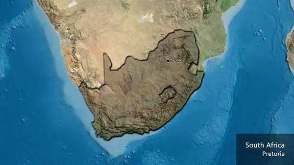 Close-up of the South Africa border area highlighting with a dark overlay on a satellite map. Capital point. Bevelled edges of the country shape. English name of the country and its capital