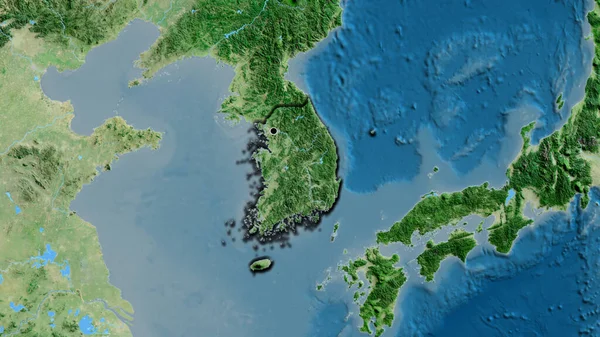 卫星地图上的韩国边境地区特写 资本点 国家形状的斜边 — 图库照片