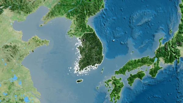 韩国边境地区的特写镜头 用卫星地图上的黑暗覆盖来突出显示 资本点 国家形貌概述 — 图库照片