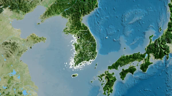 衛星地図上の韓国国境地域とその地域の境界線のクローズアップ 資本ポイント 全国の概要 — ストック写真