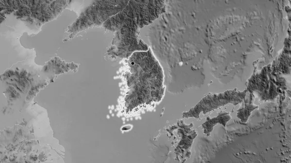 Close South Korea Border Area Grayscale Map Capital Point Glow — Stock Photo, Image